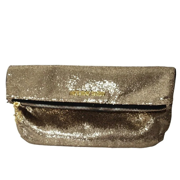 Victorias Secret Gold Metallic Clutch Bag Evening Purse Fold Over Makeup Bag - Picture 1 of 8